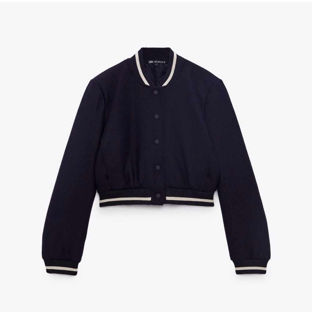 Zara Dark Blue Bomber Jacket with White Details - Picture 2 of 9